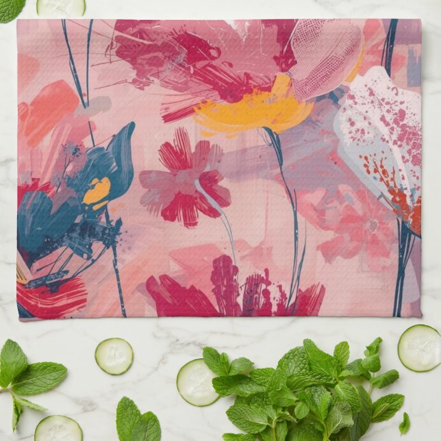 Linge De Cuisine Fleurs roses pinceaux peints motif botanique (Plié)