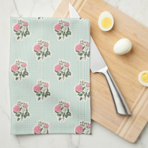Linge De Cuisine Fleurs Roses Roses Foncées Rayures Vertes