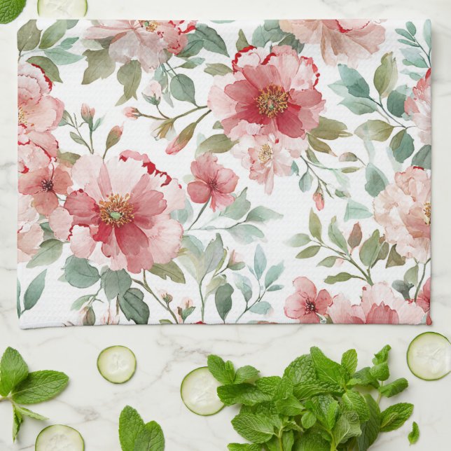 Linge De Cuisine Fleurs roses rouges (Plié)