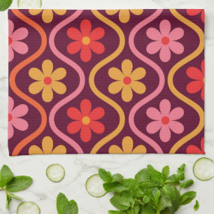 Linge De Cuisine Fleurs roses, rouges et orange sur motif ogee rétr