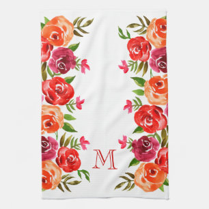 Linge De Cuisine Fleurs roses rouges orange monogrammes