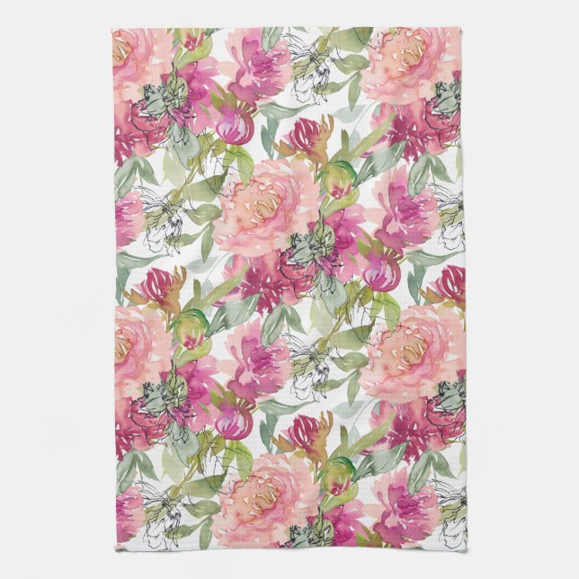 Linge De Cuisine Fleurs roses rousses Feuilles verts Sage (Vertical)