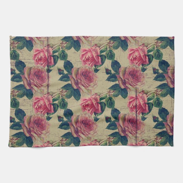 Linge De Cuisine Fleurs roses victoriennes vintages (Horizontal)
