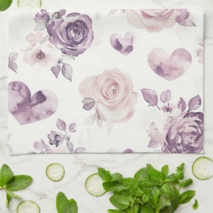 Linge De Cuisine Fleurs roses violettes et cœurs  