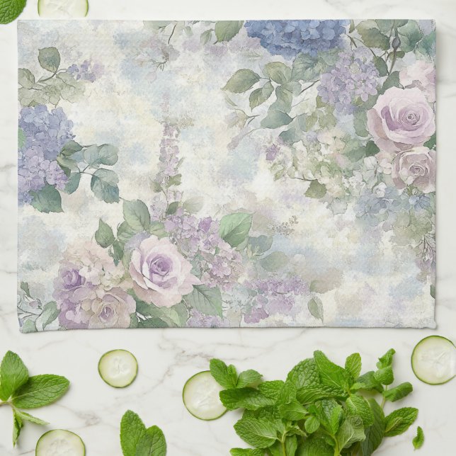 Linge De Cuisine Fleurs roses violettes romantiques (Plié)