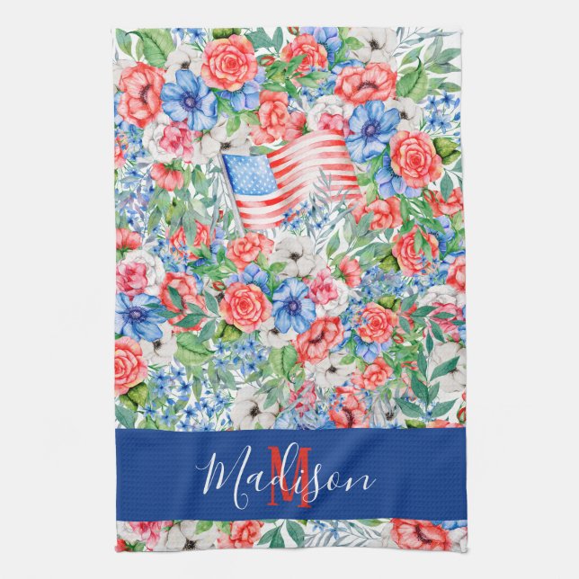 Linge De Cuisine Fleurs Rouge Blanc Et Bleu Monogramme 4 Juillet (Vertical)