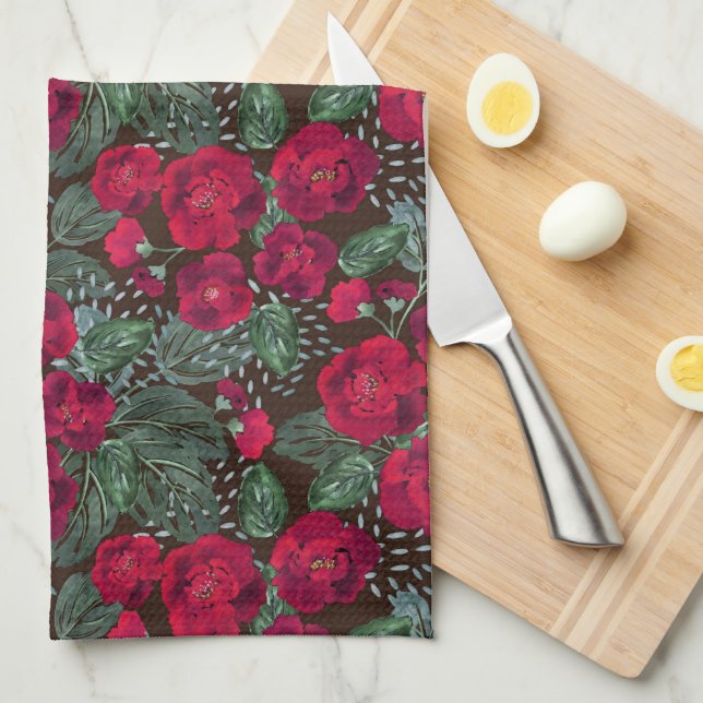 Linge De Cuisine Fleurs rouges, aquarelle motifs floraux. (Quart Plié)