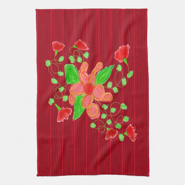 Linge De Cuisine Fleurs Rouges Avec Pinstripe Noir (Vertical)