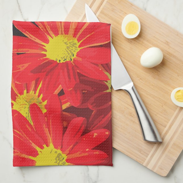 Linge De Cuisine Fleurs rouges et jaunes 1 (Quart Plié)