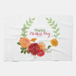 Linge De Cuisine Fleurs Rouges Et Jaunes Dans Une Couronne