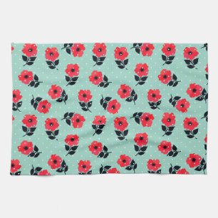 Linge De Cuisine Fleurs rouges modernes Aqua Pois bleus
