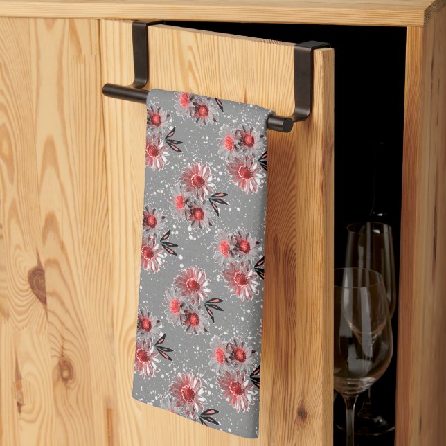 Linge De Cuisine Fleurs rouges sur gris (Pliage en tiers)