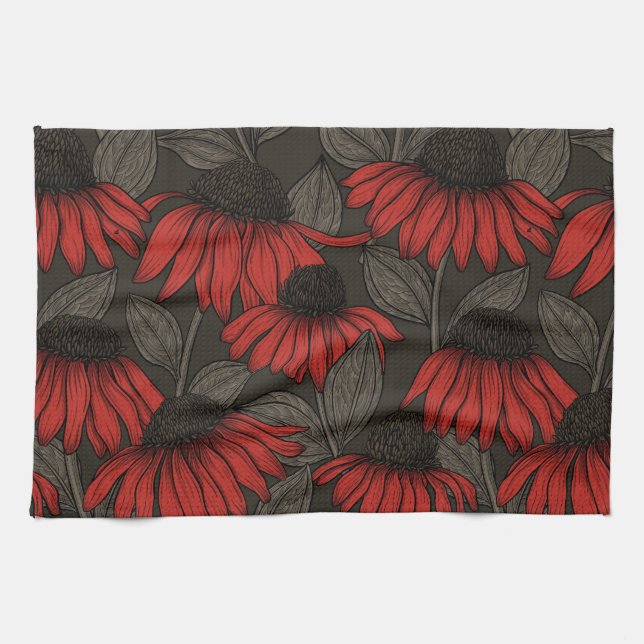 Linge De Cuisine Fleurs rouges sur marron (Horizontal)