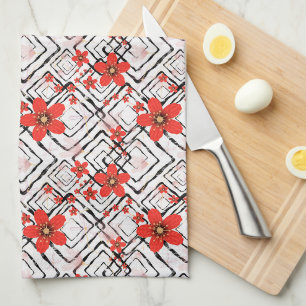 Linge De Cuisine Fleurs rouges sur un arrière - plan blanc et noir.