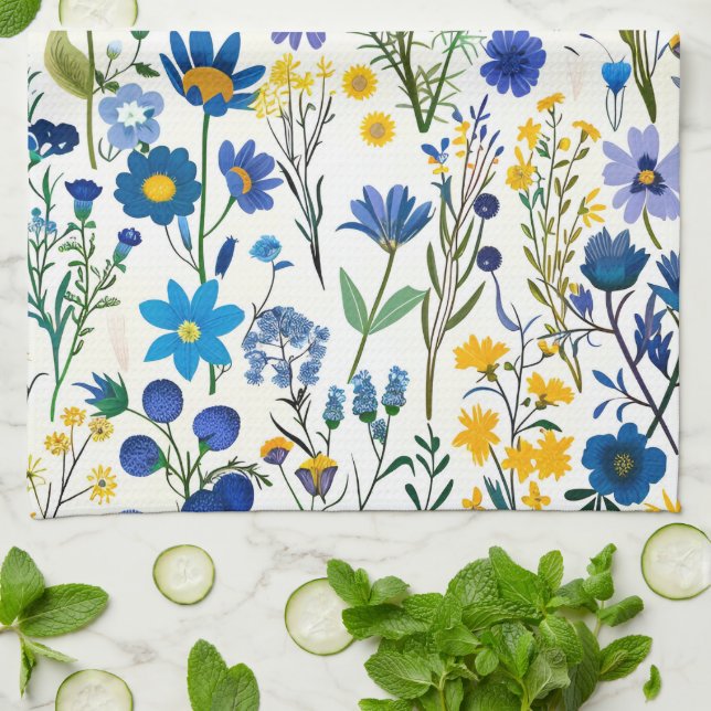 Linge De Cuisine Fleurs sauvages de Jardin Bleu Rustique (Plié)