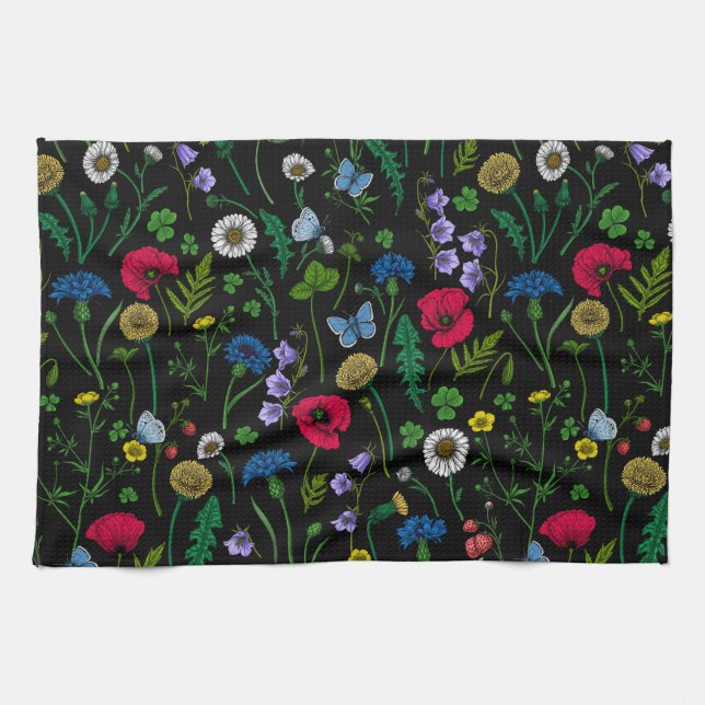 Linge De Cuisine Fleurs sauvages en noir (Horizontal)