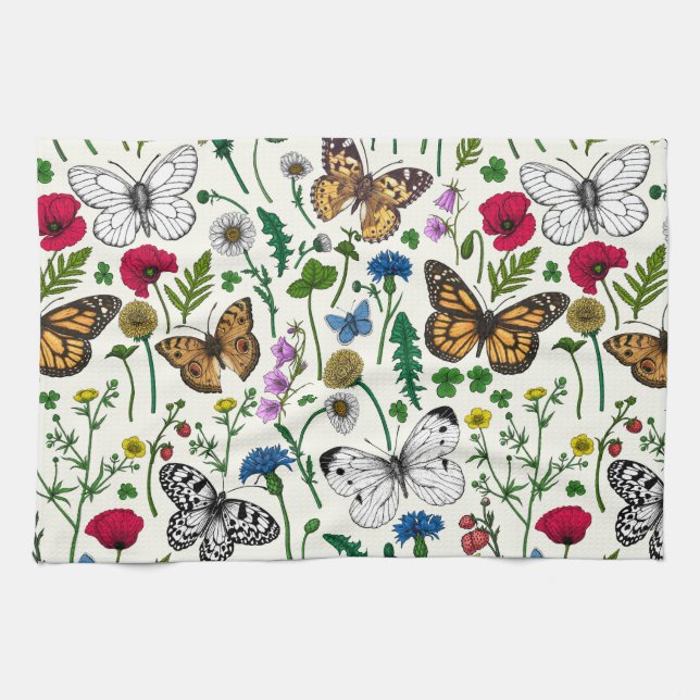 Linge De Cuisine Fleurs sauvages et papillons sur blanc (Horizontal)
