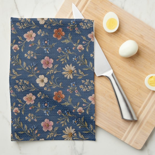 Linge De Cuisine Fleurs sauvages simples brodées sur fond de denim (Quart Plié)