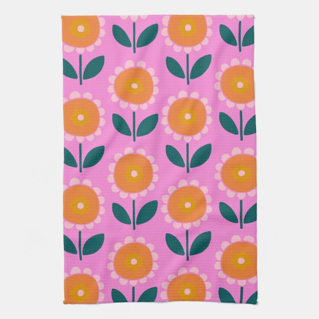 Linge De Cuisine Fleurs scandinaves mignonnes en rose et orange (Vertical)