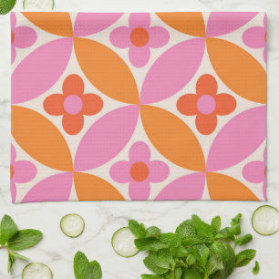 Linge De Cuisine Fleurs sur cercles rose orange milieu du siècle