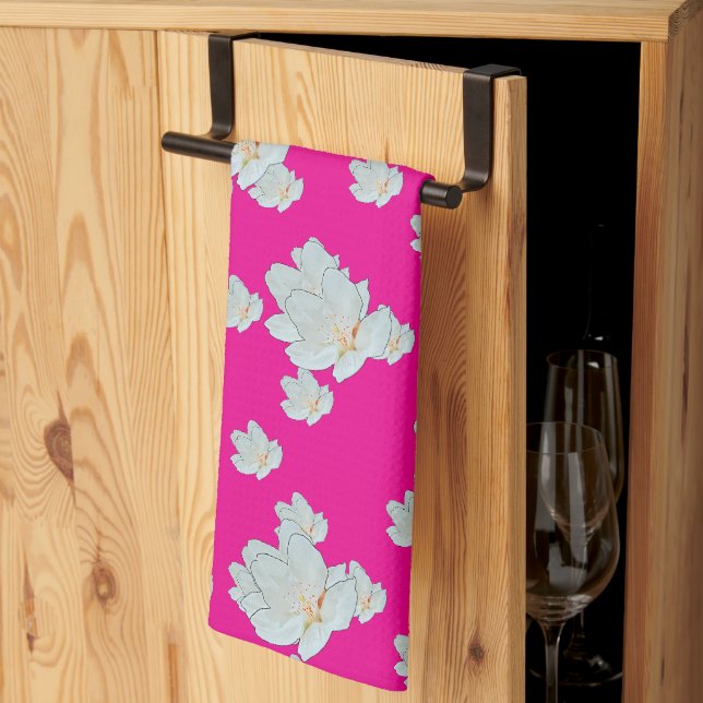 Linge De Cuisine Fleurs sur fond rose vif (Pliage en tiers)