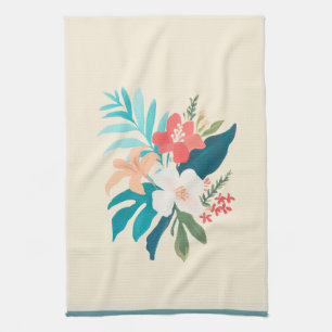 Linge De Cuisine Fleurs tropicales à l'aquarelle en corail et sarce