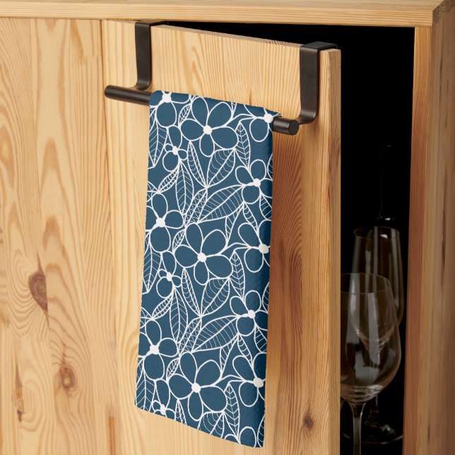 Linge De Cuisine Fleurs tropicales bleu foncé et blanc (Pliage en tiers)