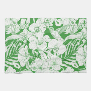 Linge De Cuisine Fleurs tropicales et colibri en vert et décalé 