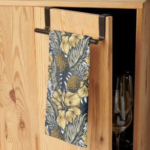 Linge De Cuisine Fleurs tropicales noires et or élégantes de luxe