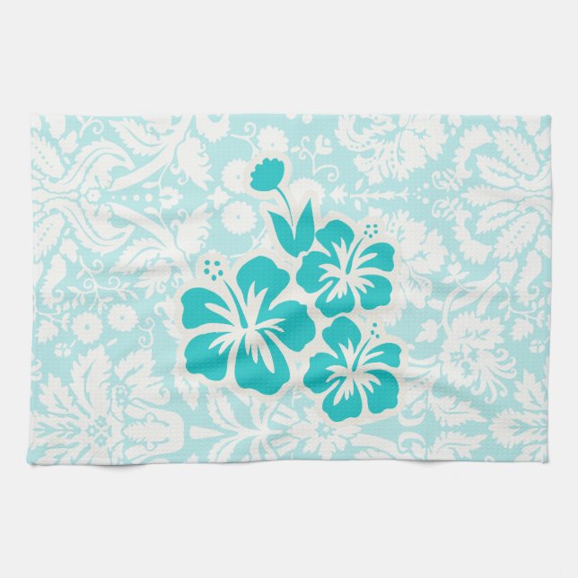 Linge De Cuisine Fleurs tropicales turquoises (Horizontal)