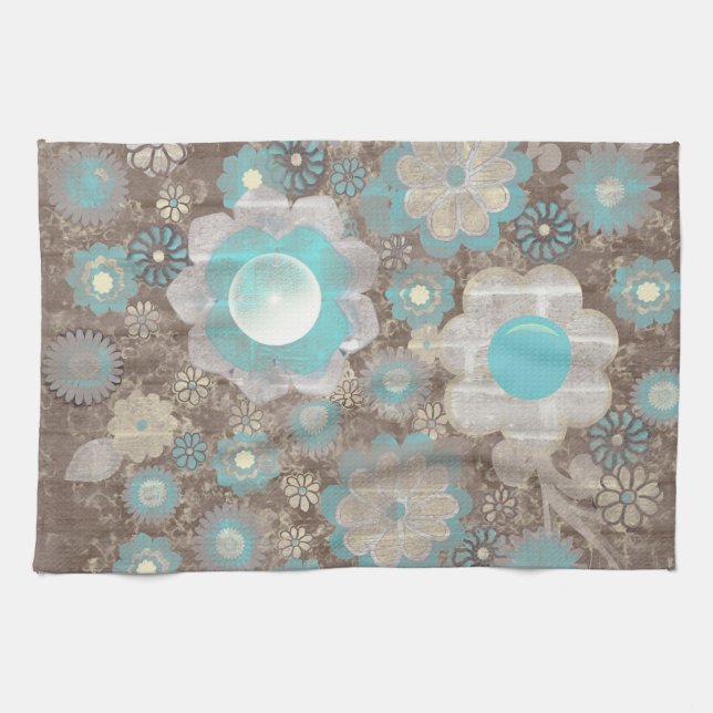 Linge De Cuisine Fleurs Turquoise-Blanc Américain MoJo Cuisine (Horizontal)