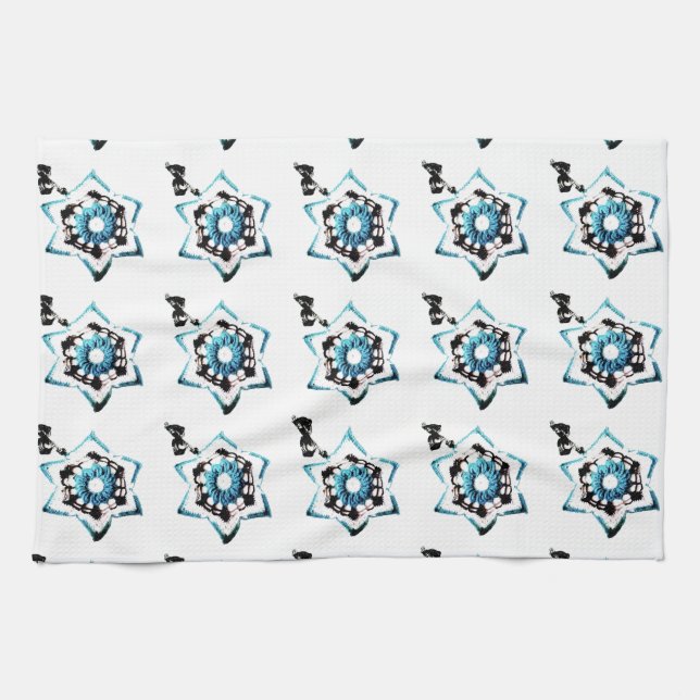 Linge De Cuisine Fleurs turquoises (Horizontal)