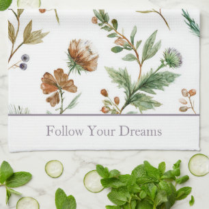 Linge De Cuisine Fleurs Vert Brun Crème Violet