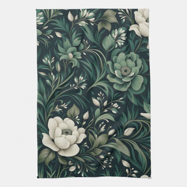 Linge De Cuisine Fleurs Vert Émeraude Foncé (Vertical)