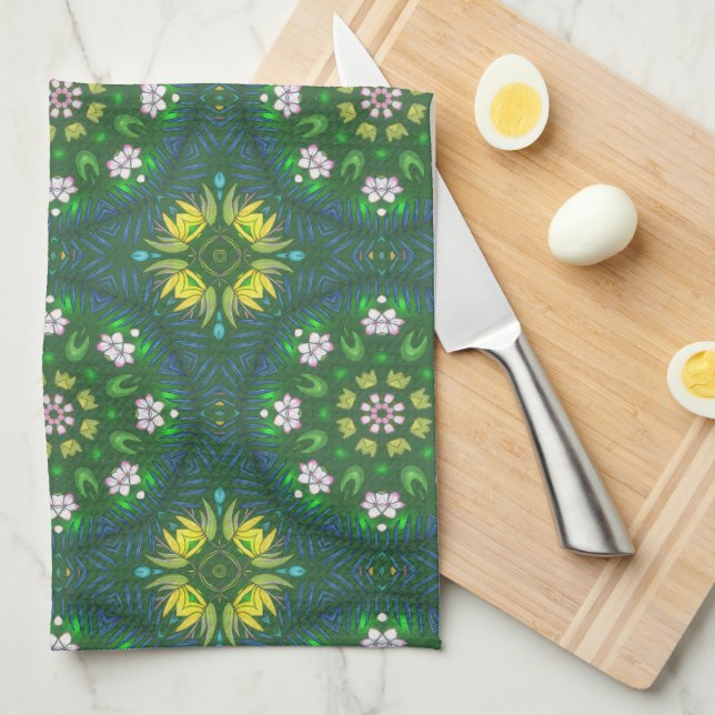 Linge De Cuisine Fleurs Vertes Et Jaunes  (Quart Plié)