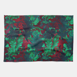 Linge De Cuisine Fleurs Vintage  Bourgogne Émeraude Clair