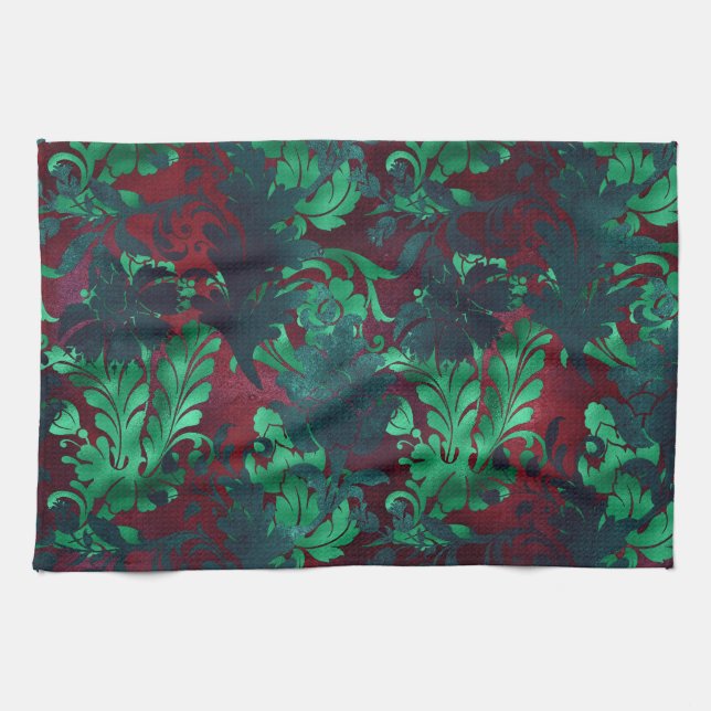 Linge De Cuisine Fleurs Vintage  Bourgogne Émeraude Clair (Horizontal)