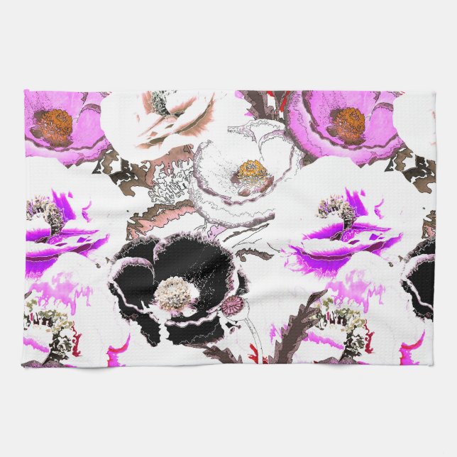 Linge De Cuisine Fleurs violettes, blanches et noires. (Horizontal)