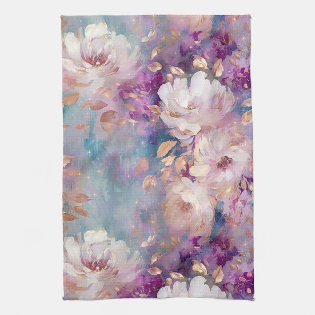 Linge De Cuisine Fleurs violettes d'or bleu féminin (Vertical)