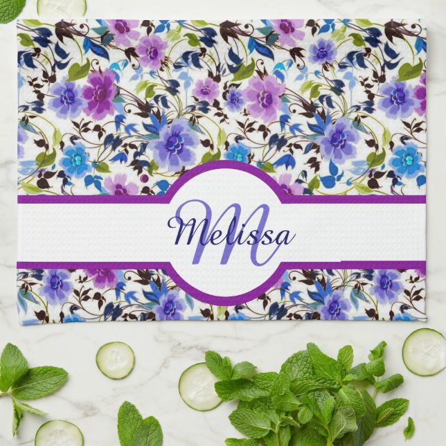 Linge De Cuisine Fleurs violettes et bleues personnalisées (Plié)