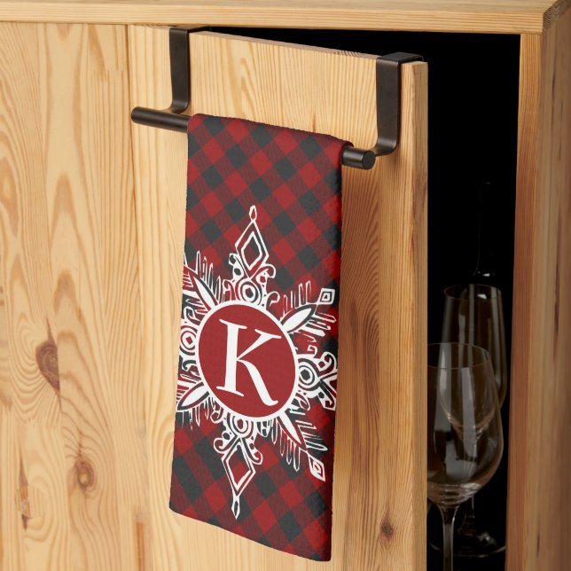 Linge De Cuisine Flocon de neige monogramme sur carreaux  (Pliage en tiers)