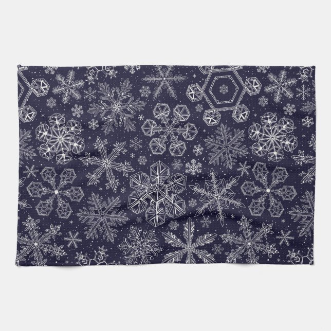 Linge De Cuisine Flocons blancs sur fond bleu (Horizontal)