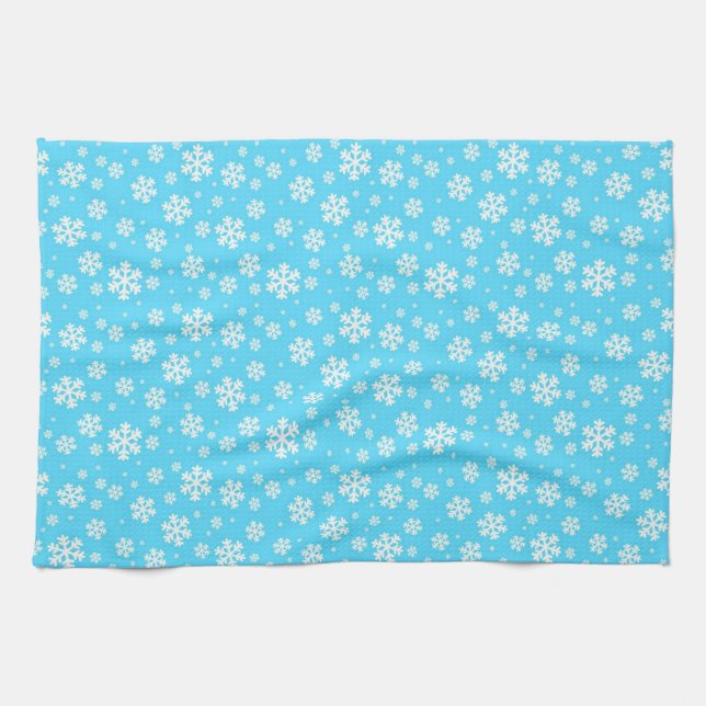 Linge De Cuisine Flocons blancs sur motif d'hiver bleu clair (Horizontal)
