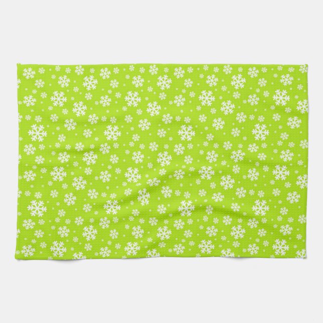 Linge De Cuisine Flocons blancs sur motif vert d'hiver (Horizontal)