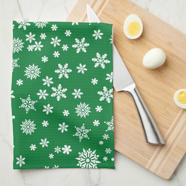 Linge De Cuisine Flocons blancs sur un Noël vert (Quart Plié)