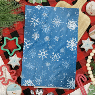 Linge De Cuisine Flocons de Neige Bleus Classique Hiver Blanc