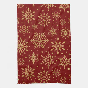Linge De Cuisine Flocons de neige dorés sur fond rouge - Noël class