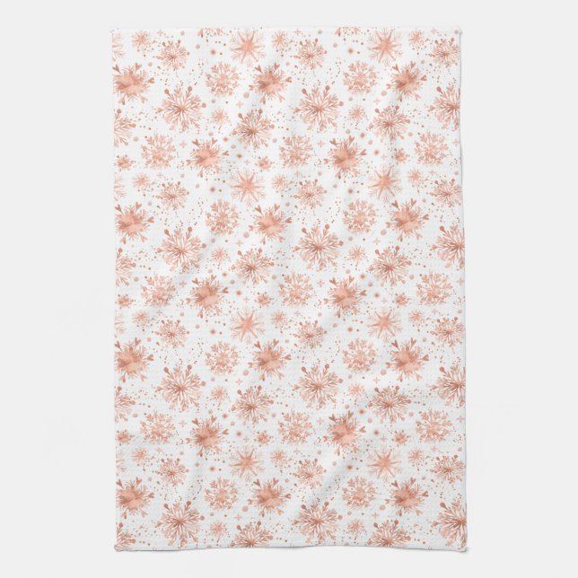 Linge De Cuisine Flocons de neige en or rose sur fond blanc (Vertical)