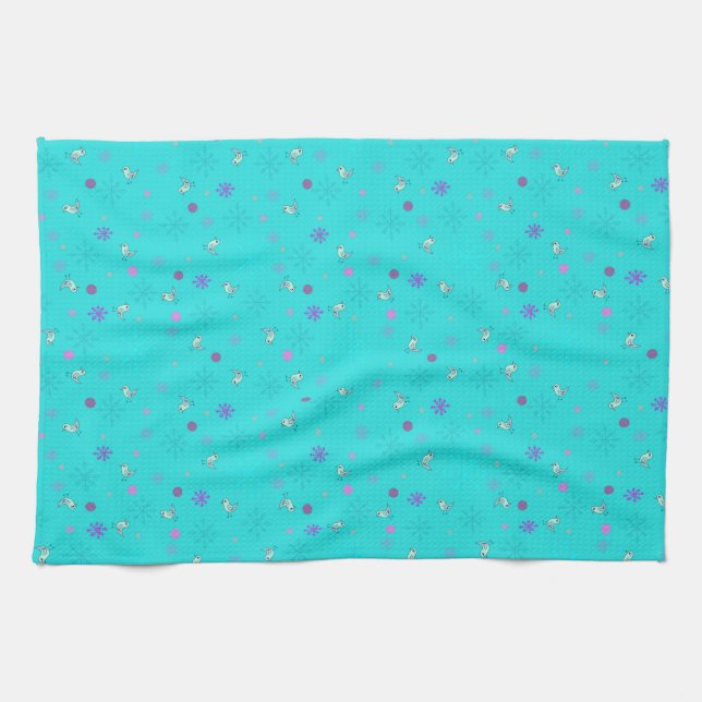 Linge De Cuisine flocons de neige et oiseaux_aqua (Horizontal)