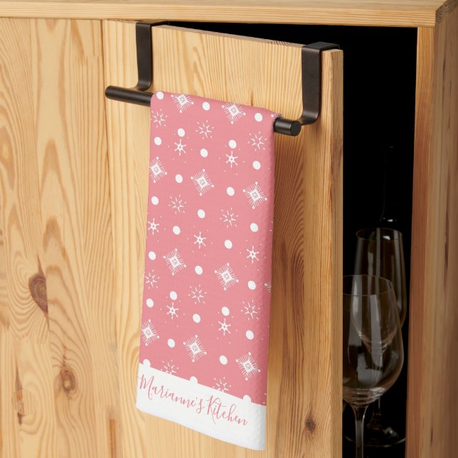 Linge De Cuisine Flocons de neige mignons motif rose blanc Nom du s (Pliage en tiers)
